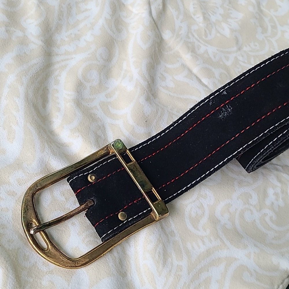 Vtg Black Velvety Belt Gold Buckle 40"